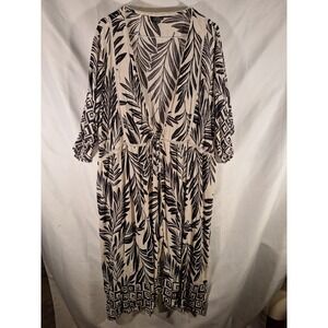 ANGIE Kimono Cardigan Duster Long Sleeve Tropical Leaf Print Black White 1X